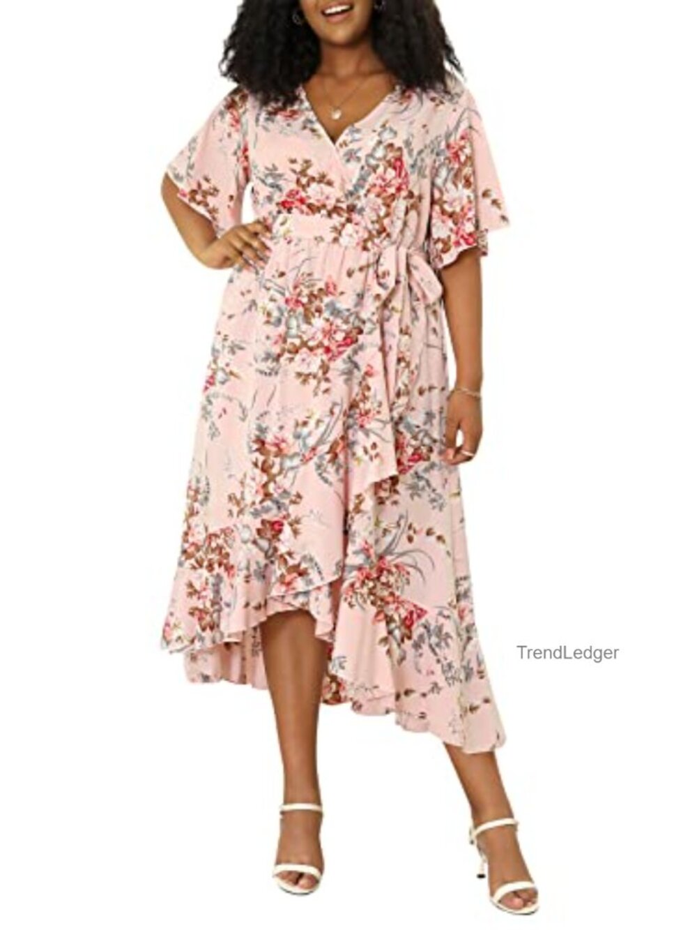 Plus Size V Neck 3/4 Sleeve Empire Waist A-Line Maxi Dress Faux Wrap